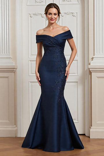 Off the Shoulder Mermaid Navy Mother of the Bride Dress with Appliques